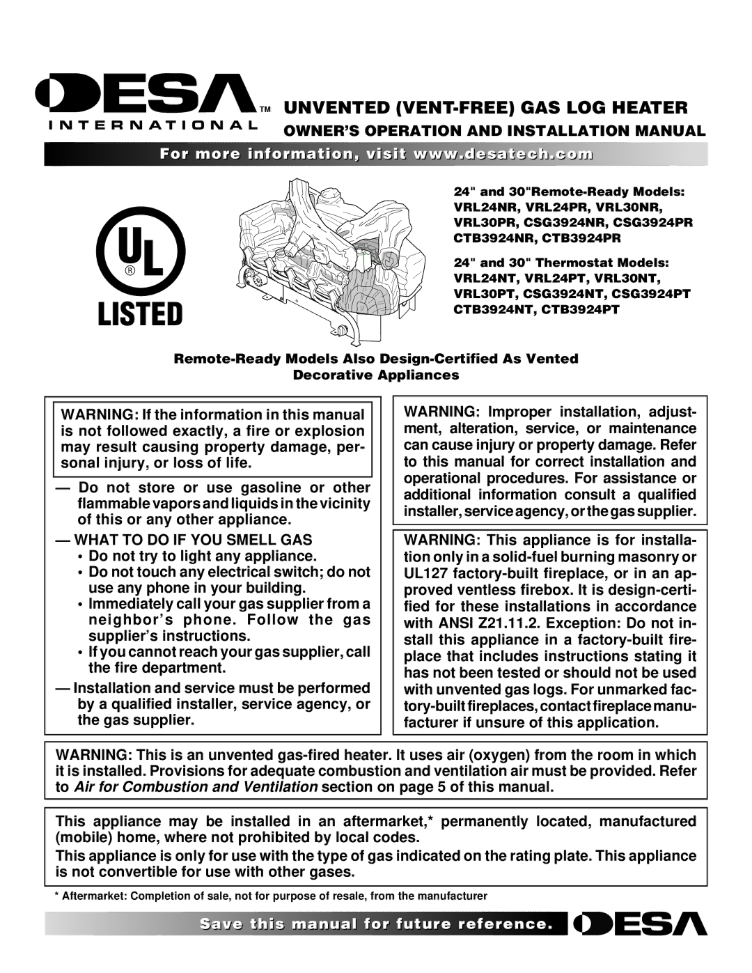 Desa CTB3924NT, RL24NR, VRL24PR installation manual OWNER’S Operation and Installation Manual, What to do if YOU Smell GAS 