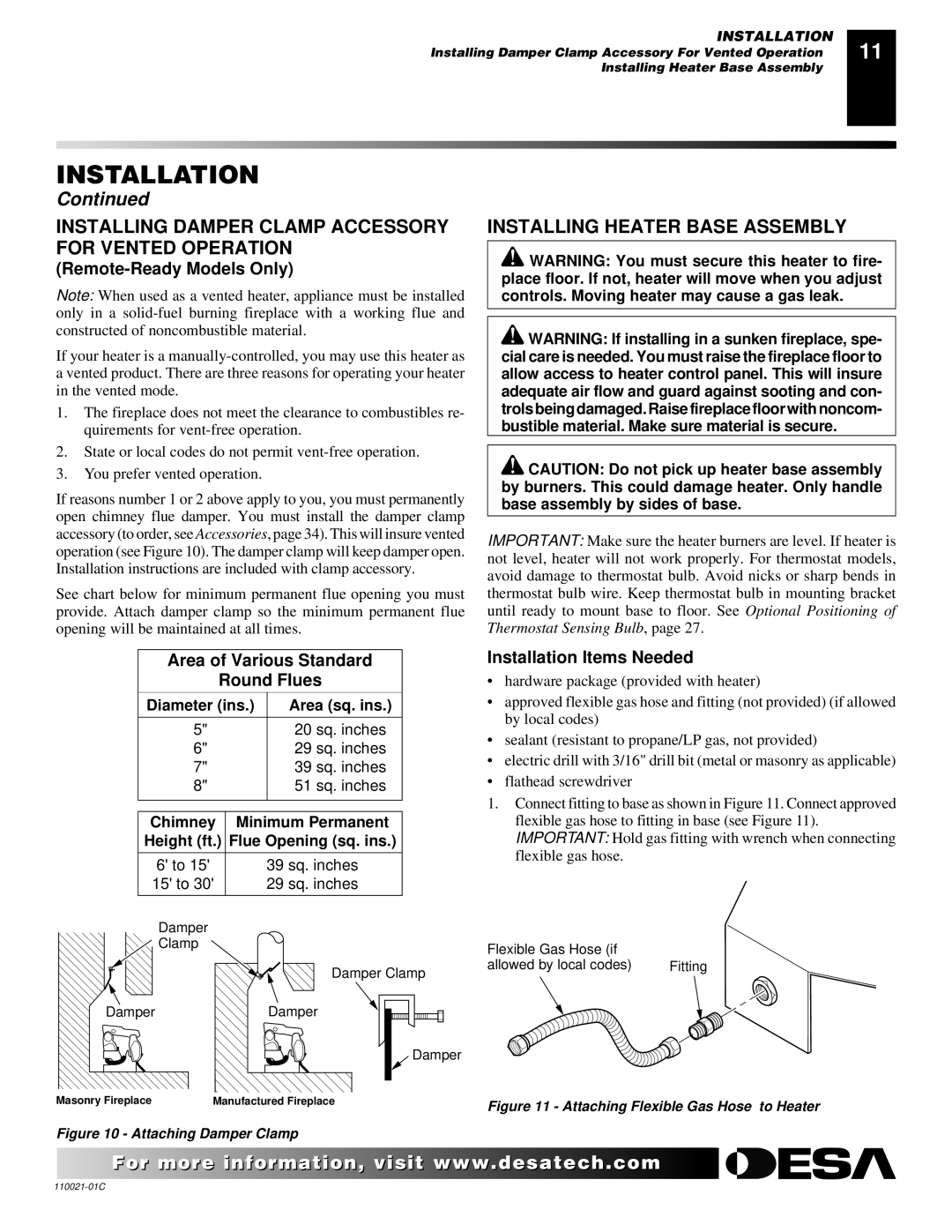 Desa CSG3924NR, RL24NR, CTB3924NT Installing Damper Clamp Accessory for Vented Operation, Installing Heater Base Assembly 