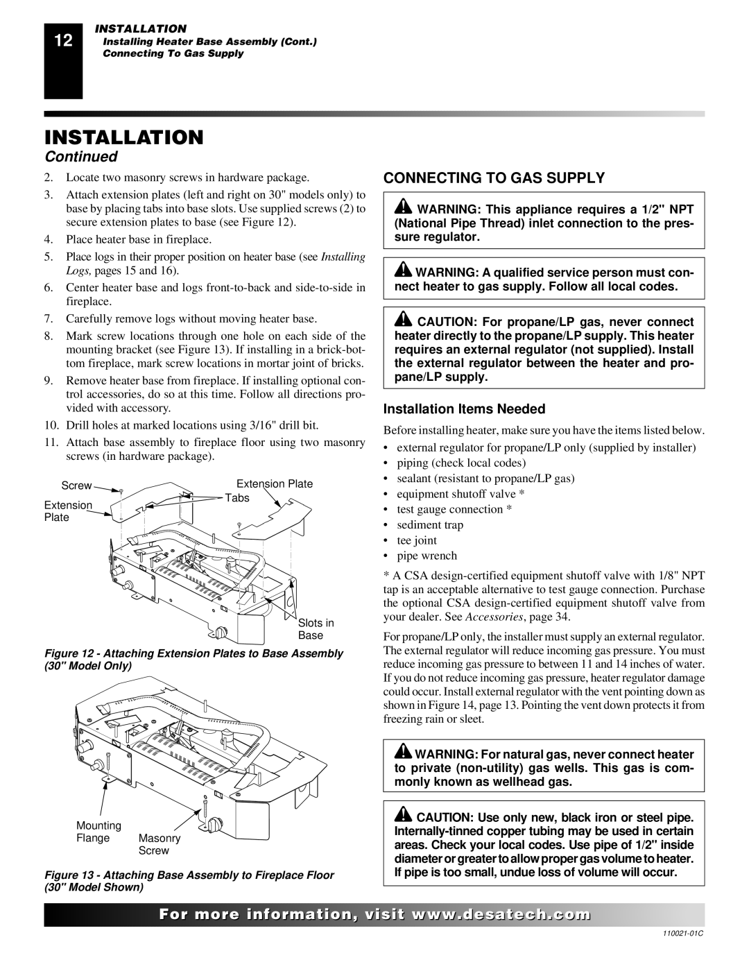 Desa CTB3924NR, RL24NR, CTB3924NT Connecting to GAS Supply, Attaching Extension Plates to Base Assembly 30 Model Only 