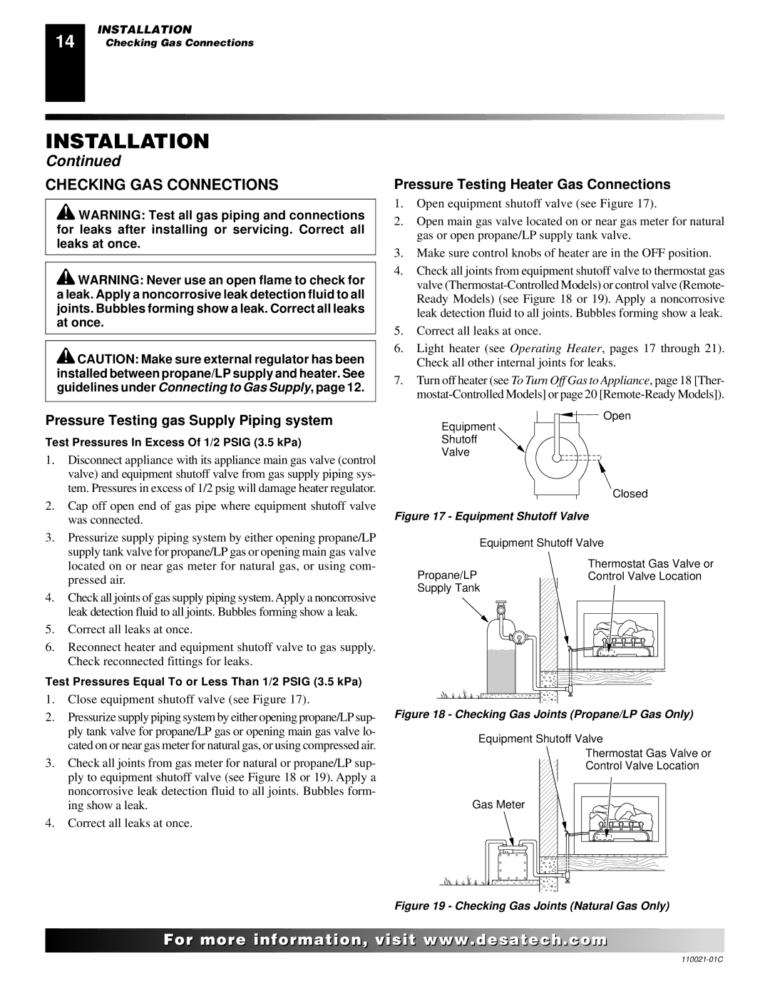 Desa VRL30PR Checking GAS Connections, Pressure Testing gas Supply Piping system, Pressure Testing Heater Gas Connections 