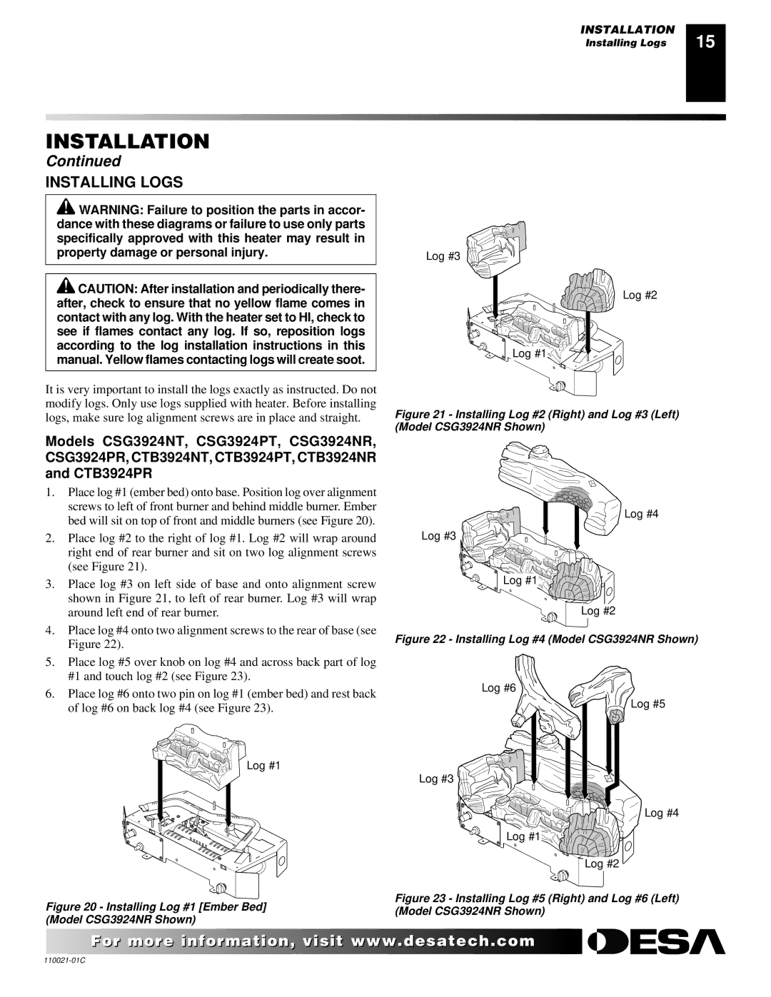 Desa CSG3924PT, RL24NR, CTB3924NT, CTB3924NR, VRL24PR Installing Logs, Installing Log #1 Ember Bed Model CSG3924NR Shown 