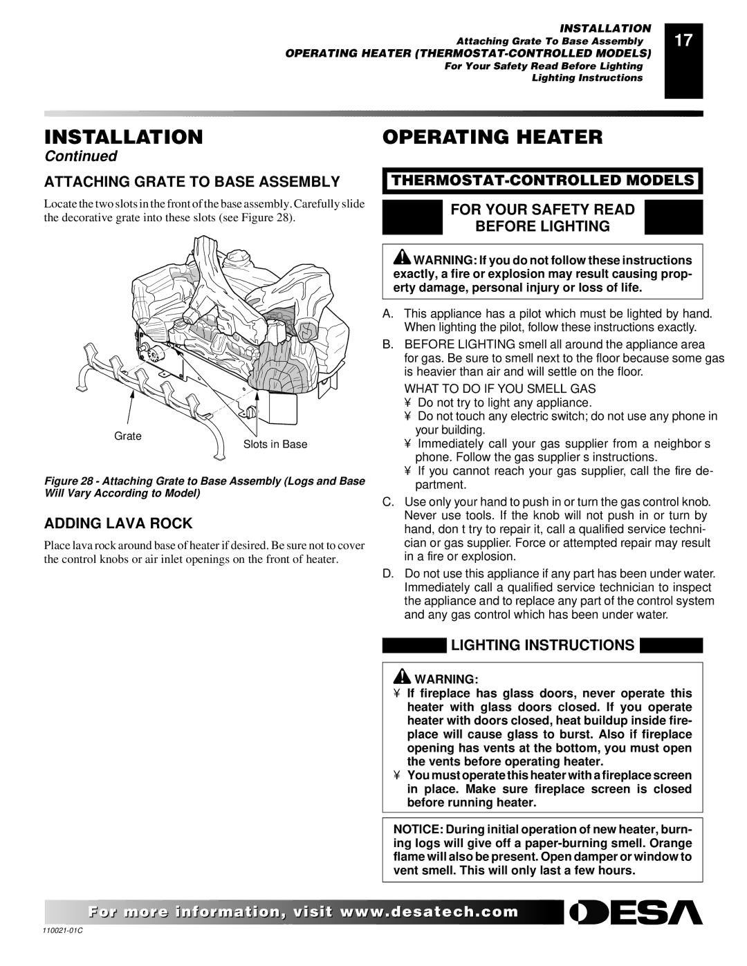 Desa VRL30NR, RL24NR, CTB3924NT Operating Heater, Attaching Grate to Base Assembly, Adding Lava Rock, Lighting Instructions 