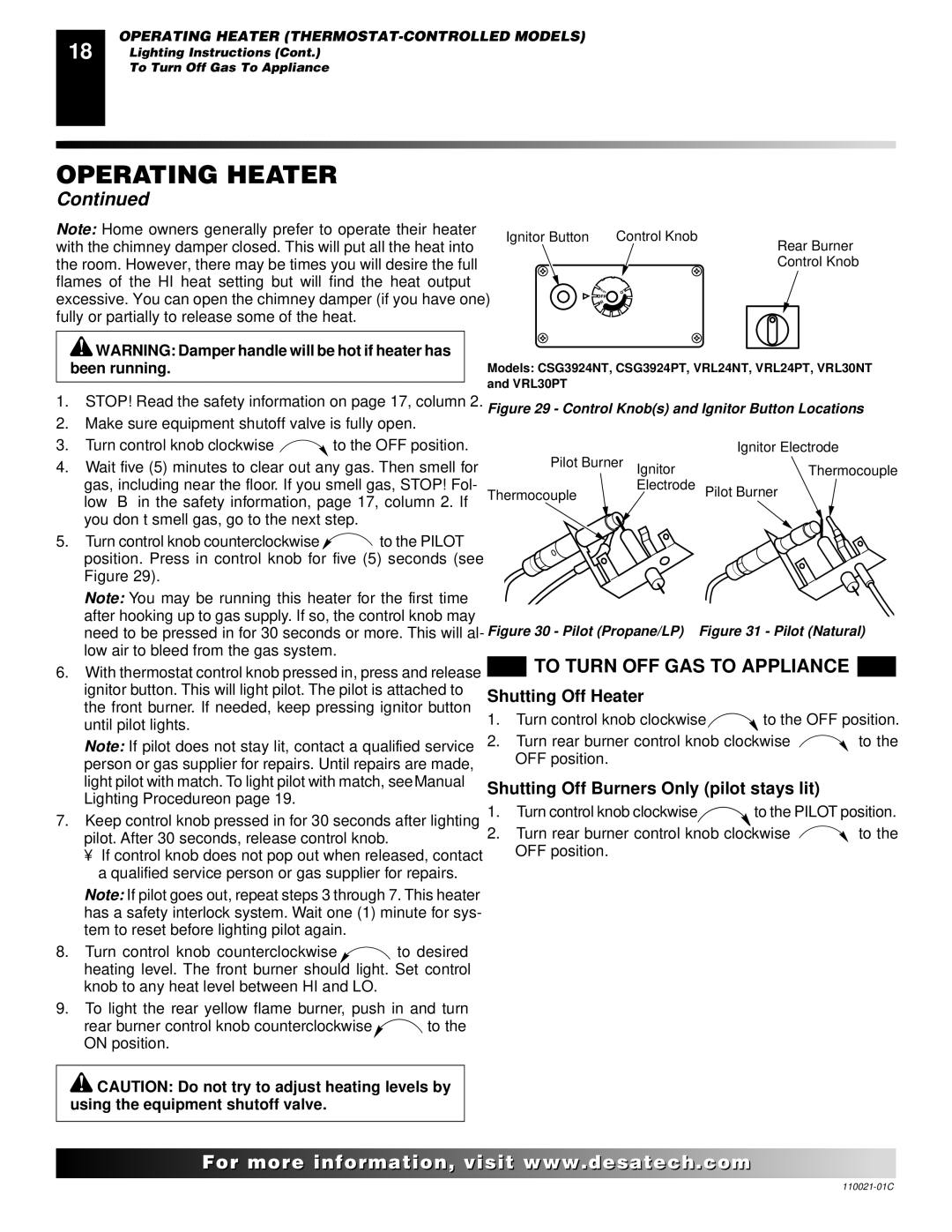 Desa RL24NR, CTB3924NT To Turn OFF GAS to Appliance, Shutting Off Heater, Shutting Off Burners Only pilot stays lit 