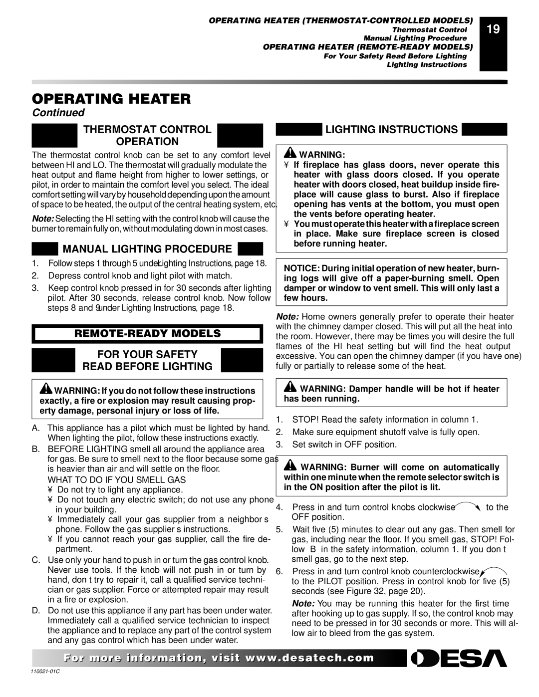 Desa CTB3924NT, RL24NR, CSG3924NR, CTB3924NR, VRL24PR, VRL30PR, VRL30NR Thermostat Control Operation, Manual Lighting Procedure 