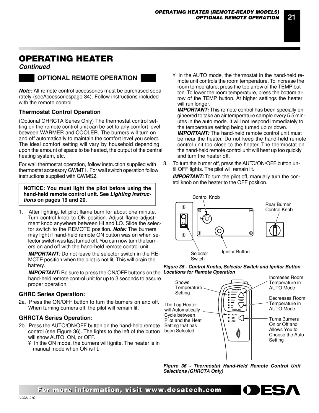 Desa CTB3924NR Optional Remote Operation, Thermostat Control Operation, Ghrc Series Operation, Ghrcta Series Operation 