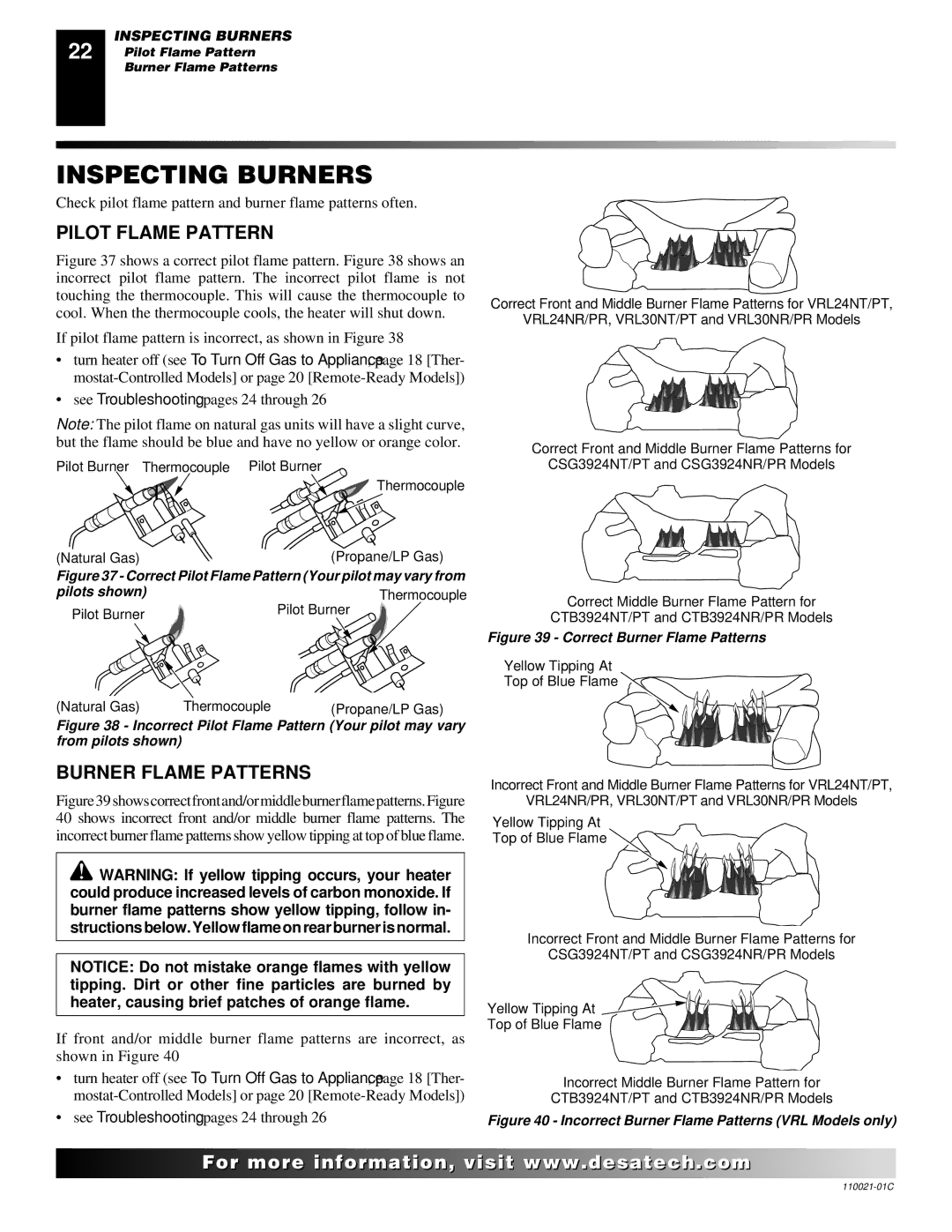 Desa VRL24PR, RL24NR, CTB3924NT, CSG3924NR, CTB3924NR, VRL30PR Inspecting Burners, Pilot Flame Pattern, Burner Flame Patterns 