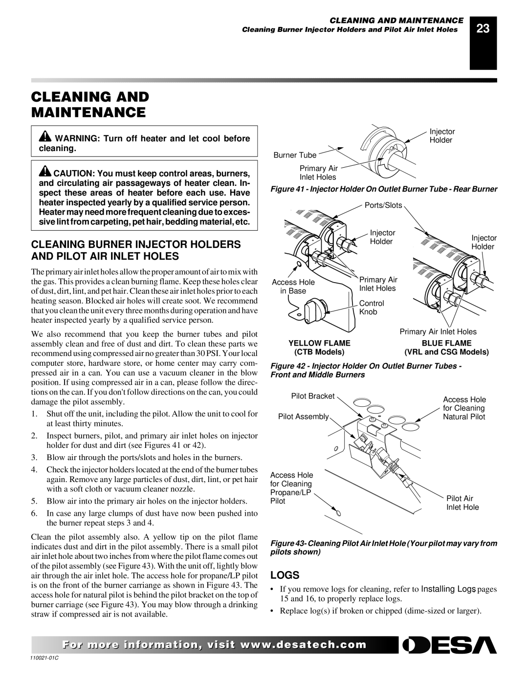 Desa VRL30PR, RL24NR, CTB3924NT Cleaning Maintenance, Cleaning Burner Injector Holders and Pilot AIR Inlet Holes, Logs 