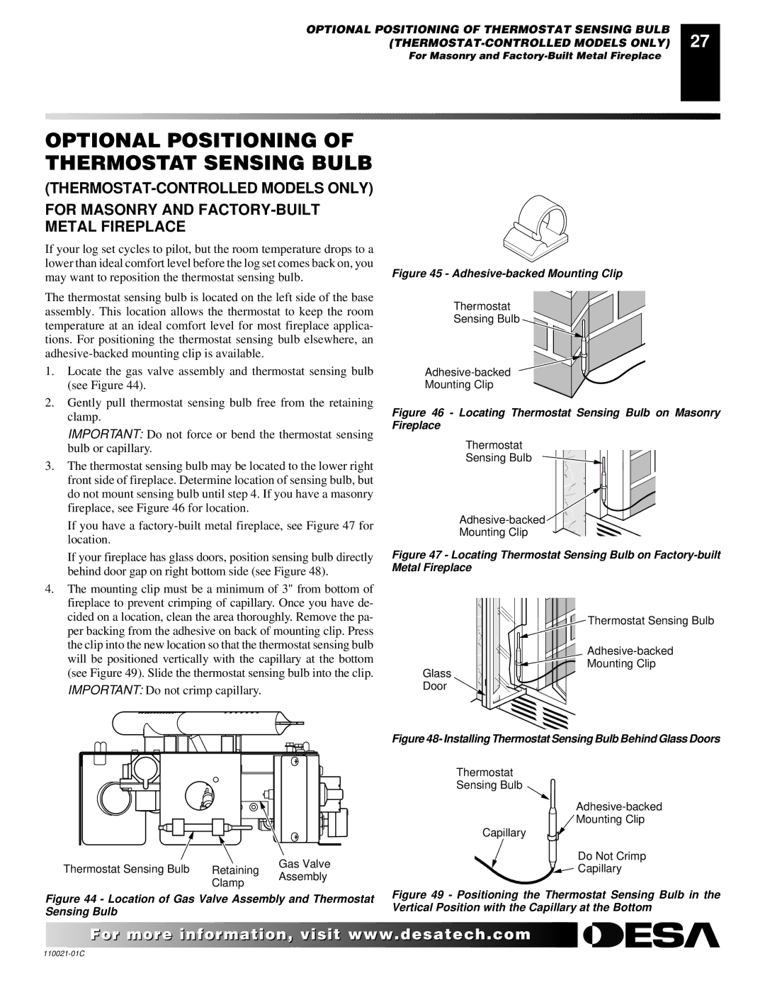 Desa RL24NR, CTB3924NT, CSG3924NR, VRL24PR Optional Positioning of Thermostat Sensing Bulb, Important Do not crimp capillary 