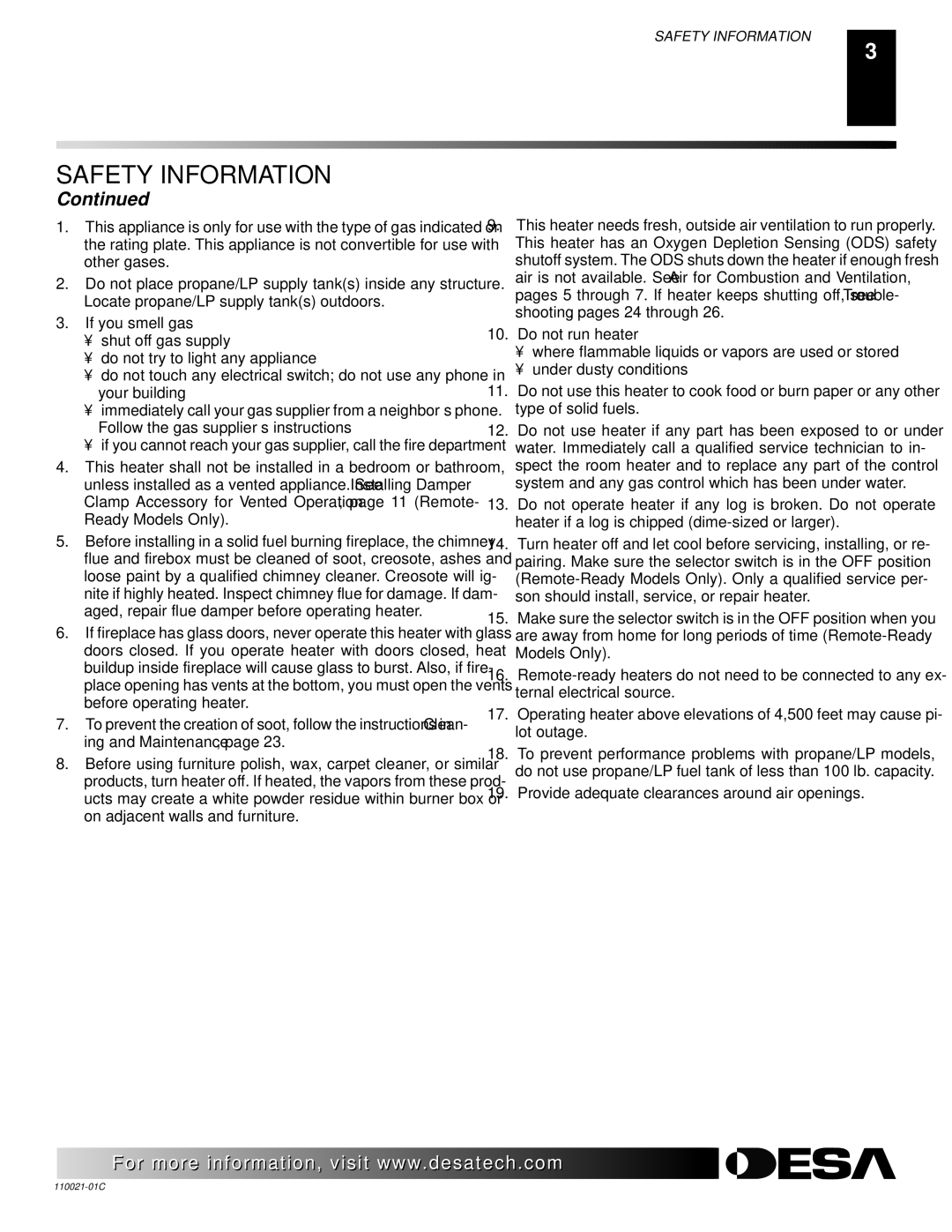 Desa CTB3924NR, RL24NR, CTB3924NT, CSG3924NR, VRL24PR, VRL30PR, CSG3924PT, CSG3924PR, VRL30NR Safety Information 