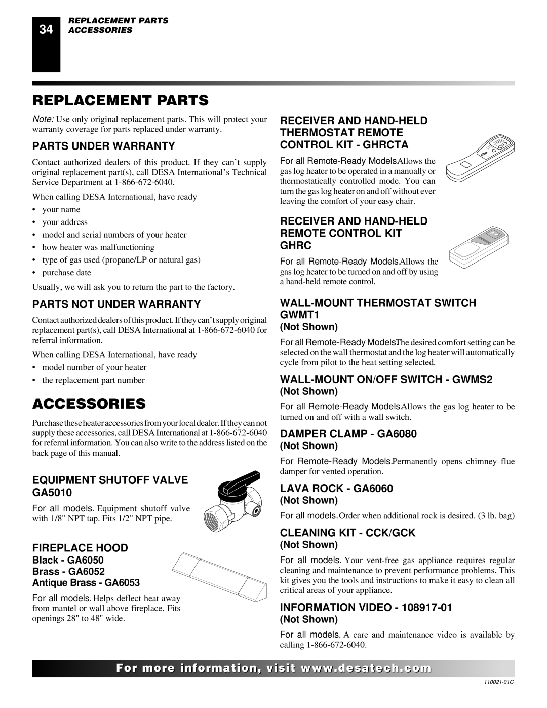 Desa CSG3924PR, RL24NR, CTB3924NT, CSG3924NR, CTB3924NR, VRL24PR, VRL30PR, CSG3924PT, VRL30NR Replacement Parts, Accessories 