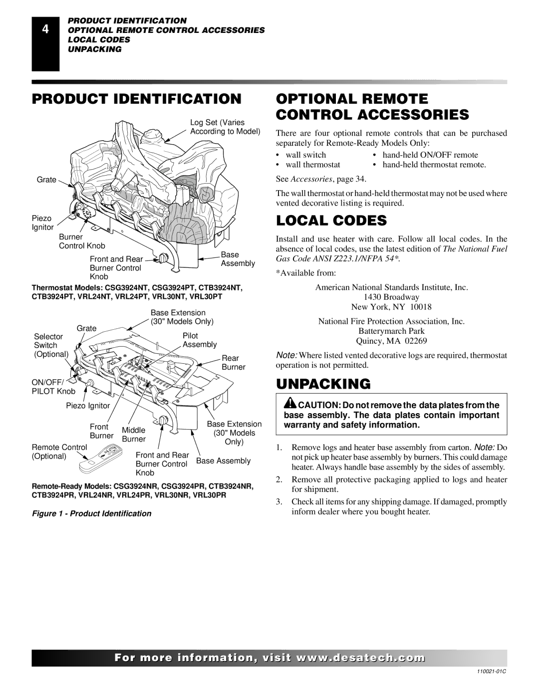 Desa VRL24PR, RL24NR, CTB3924NT, VRL30PR Product Identification, Optional Remote Control Accessories, Local Codes, Unpacking 