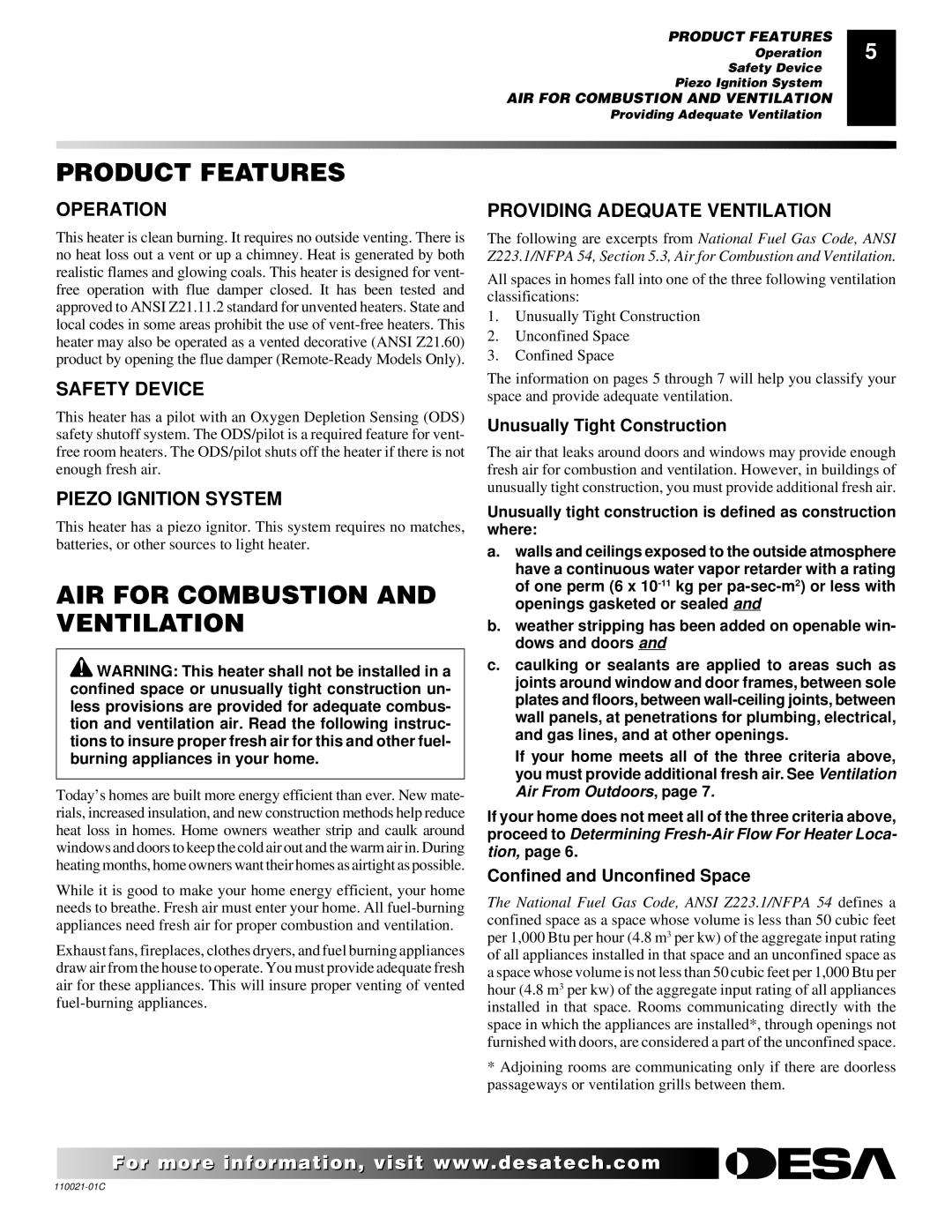 Desa VRL30PR, RL24NR, CTB3924NT, CSG3924NR, CTB3924NR, VRL24PR, CSG3924PT Product Features, AIR for Combustion and Ventilation 