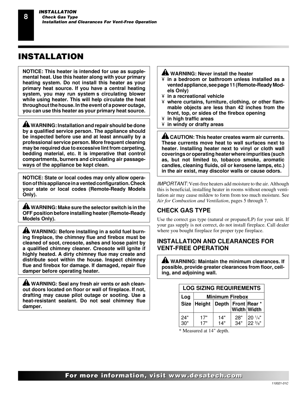 Desa VRL30NR, RL24NR, CTB3924NT, CSG3924NR, CTB3924NR Check GAS Type, Installation and Clearances for VENT-FREE Operation 