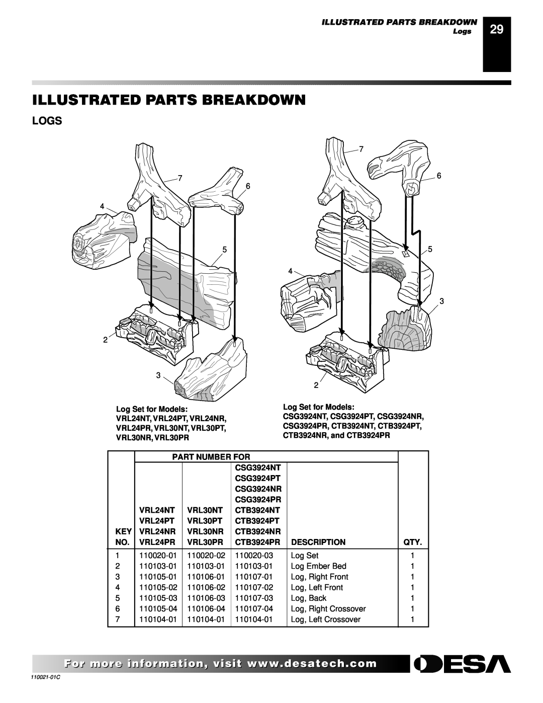Desa CSG3924NR Illustrated Parts Breakdown, For more, visit www, Log Set for Models, Part Number For, CSG3924NT, CSG3924PT 