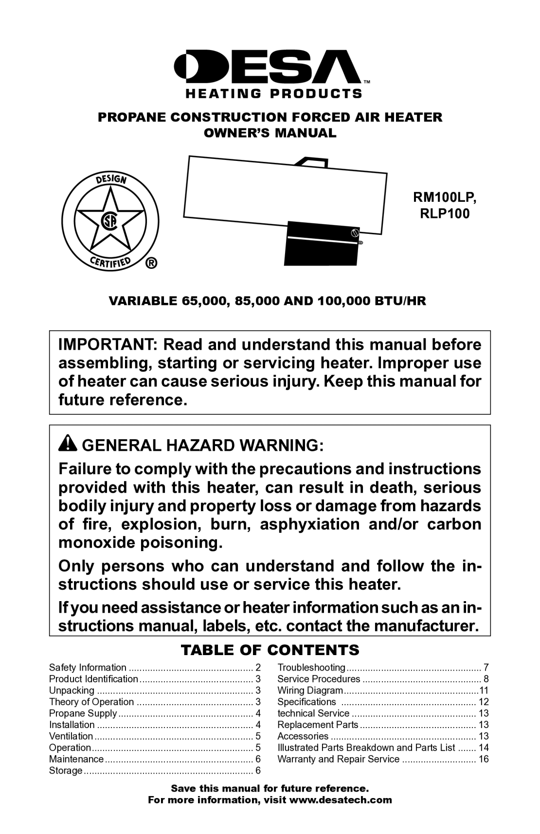 Desa RLP100 owner manual General Hazard Warning, Table of Contents 