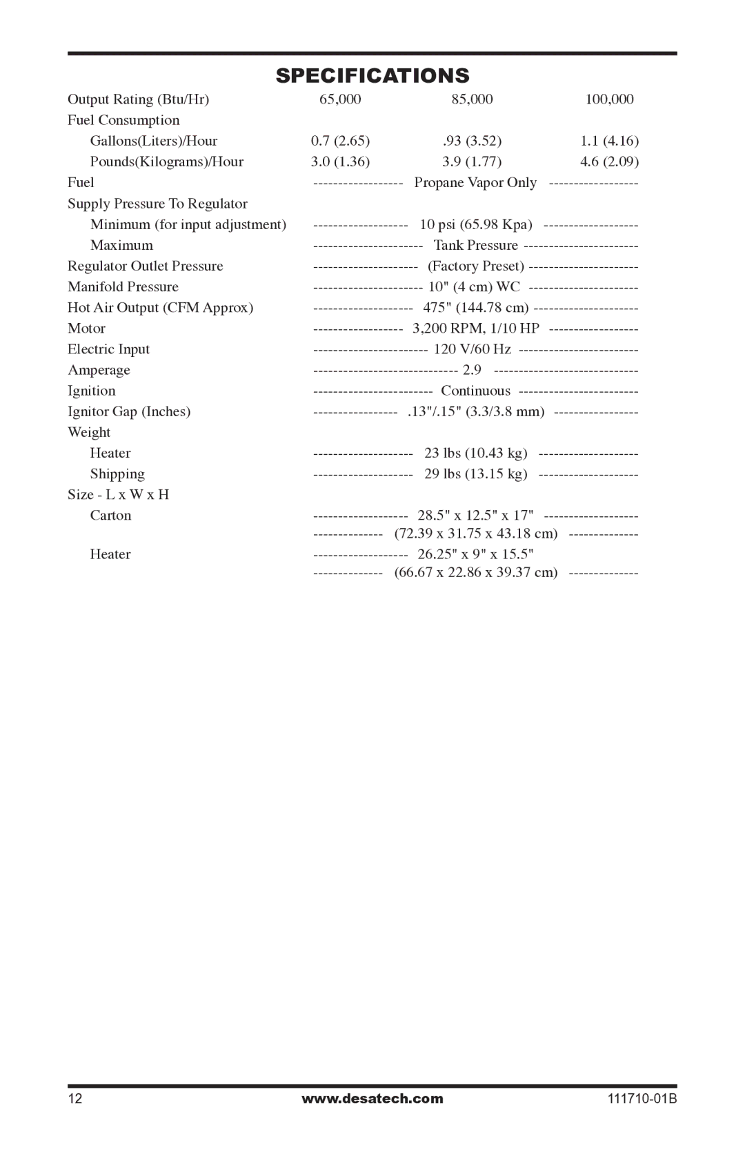 Desa RLP100 owner manual Specifications, Output Rating Btu/Hr, Psi 65.98 Kpa, Heater 26.25 x 9 x 