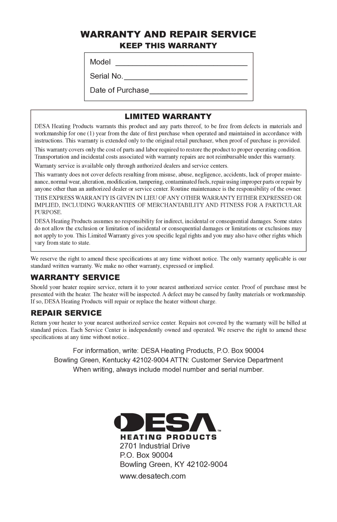 Desa RLP100 owner manual Warranty and Repair Service, Keep this Warranty, Limited Warranty, Warranty Service 