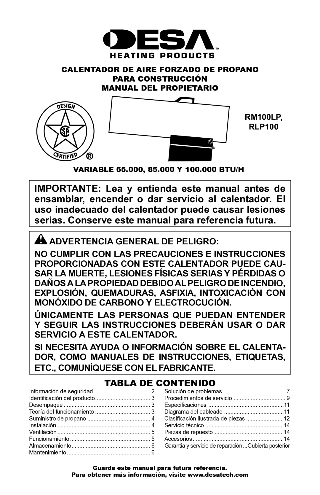 Desa RLP100 owner manual Advertencia General DE Peligro, ETC., Comuníquese CON EL Fabricante Tabla DE Contenido 