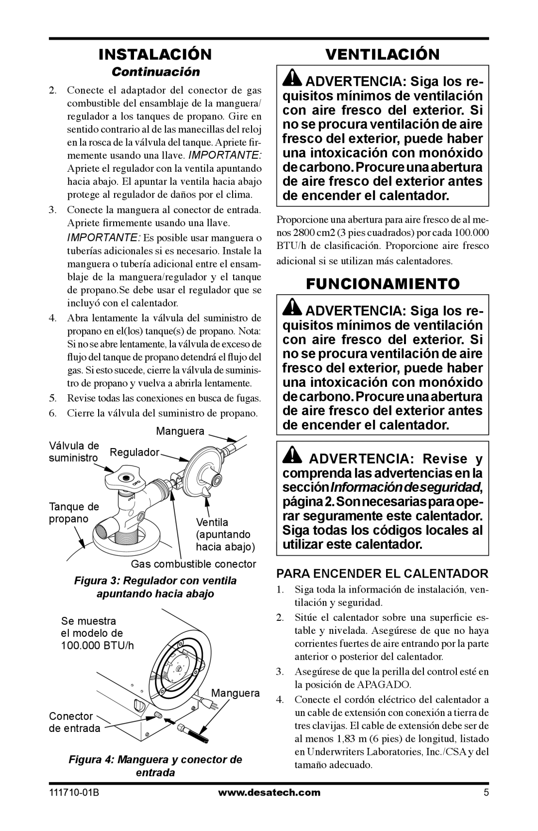 Desa RLP100 owner manual Ventilación, Para Encender EL Calentador, Cierre la válvula del suministro de propano 