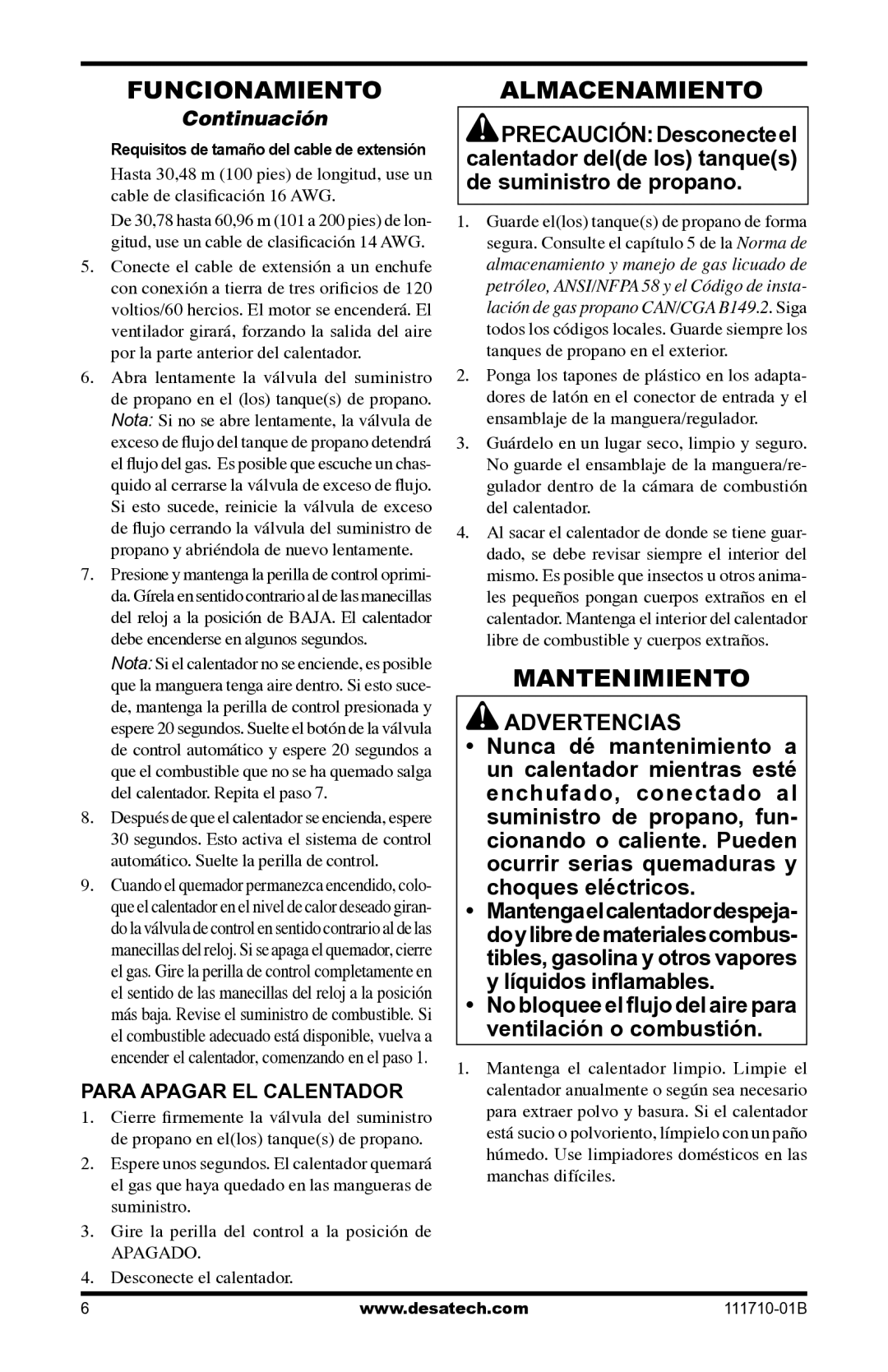 Desa RLP100 owner manual Almacenamiento, Mantenimiento, Para Apagar EL Calentador, Desconecte el calentador 