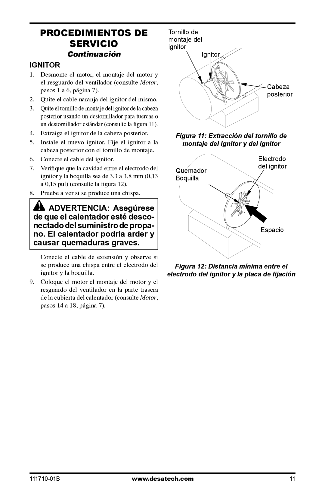 Desa RLP100 owner manual Extraiga el ignitor de la cabeza posterior, Conecte el cable del ignitor 