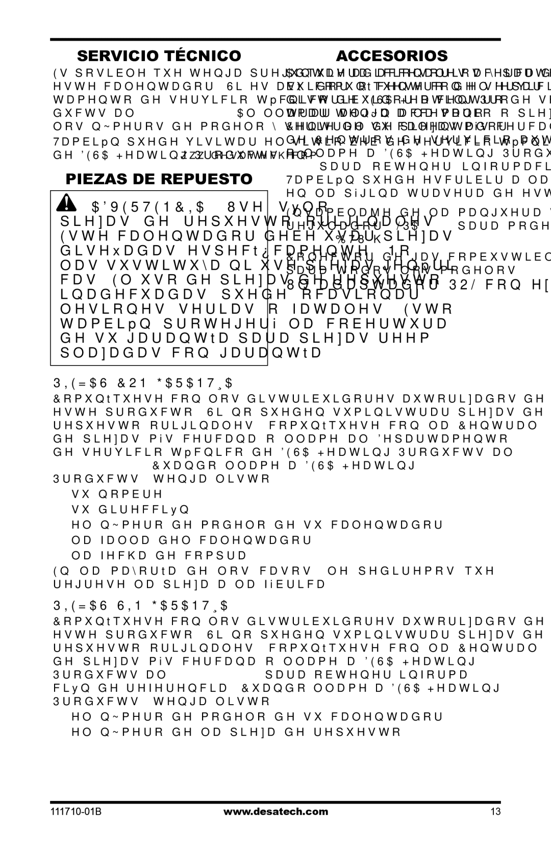 Desa RLP100 owner manual Servicio Técnico, Piezas DE Repuesto, Accesorios, Piezas CON Garantía, Piezas SIN Garantía 