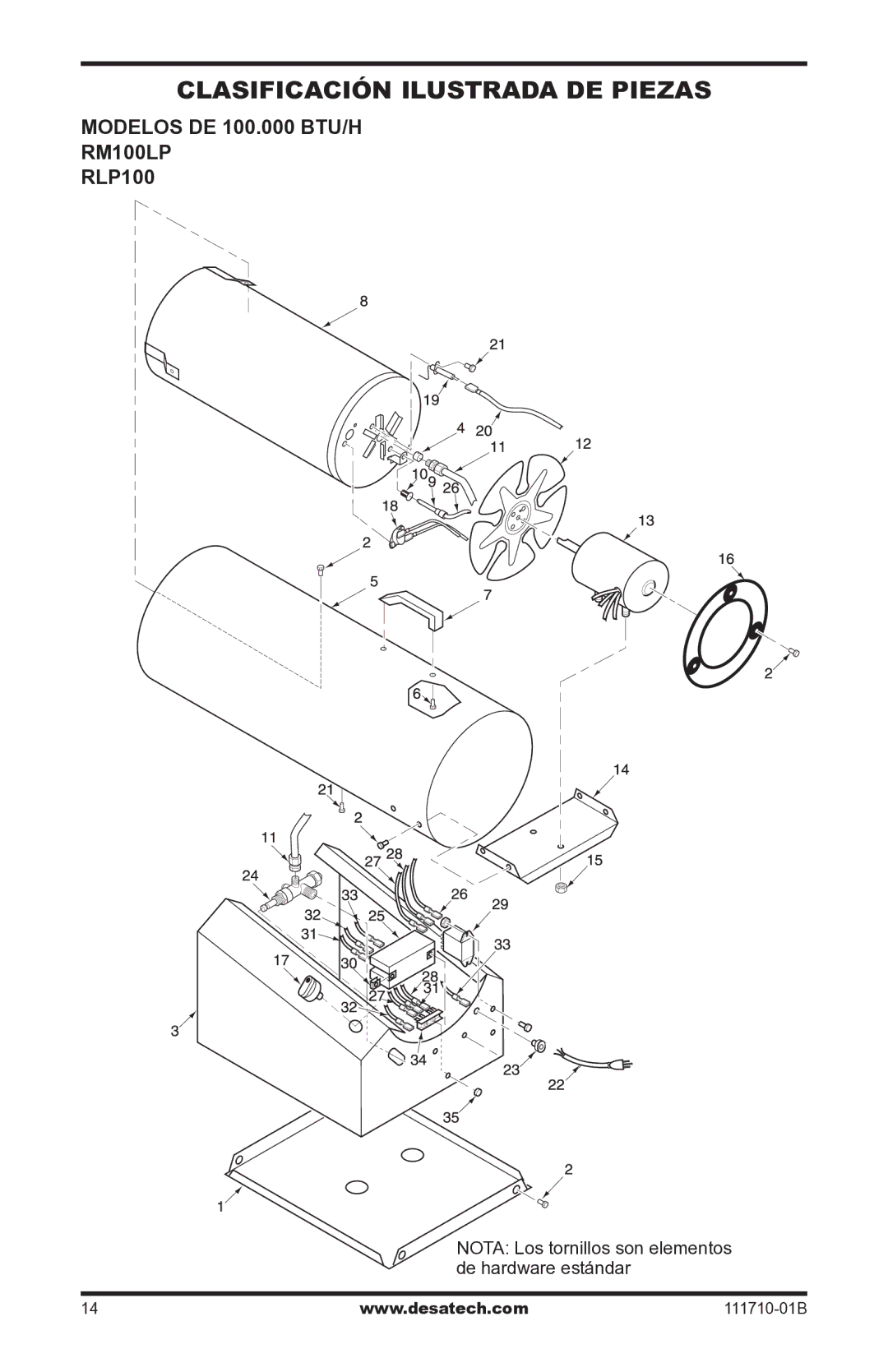 Desa RLP100 owner manual Clasificación Ilustrada DE Piezas, Modelos DE 100.000 BTU/H RM100LP 