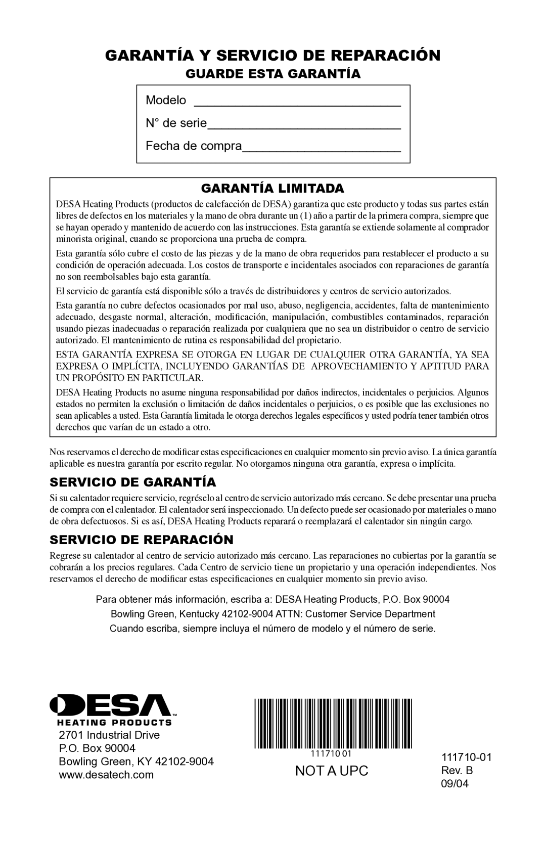 Desa RLP100 owner manual Garantía Y Servicio DE Reparación, Guarde Esta Garantía, Garantía Limitada, Servicio DE Garantía 