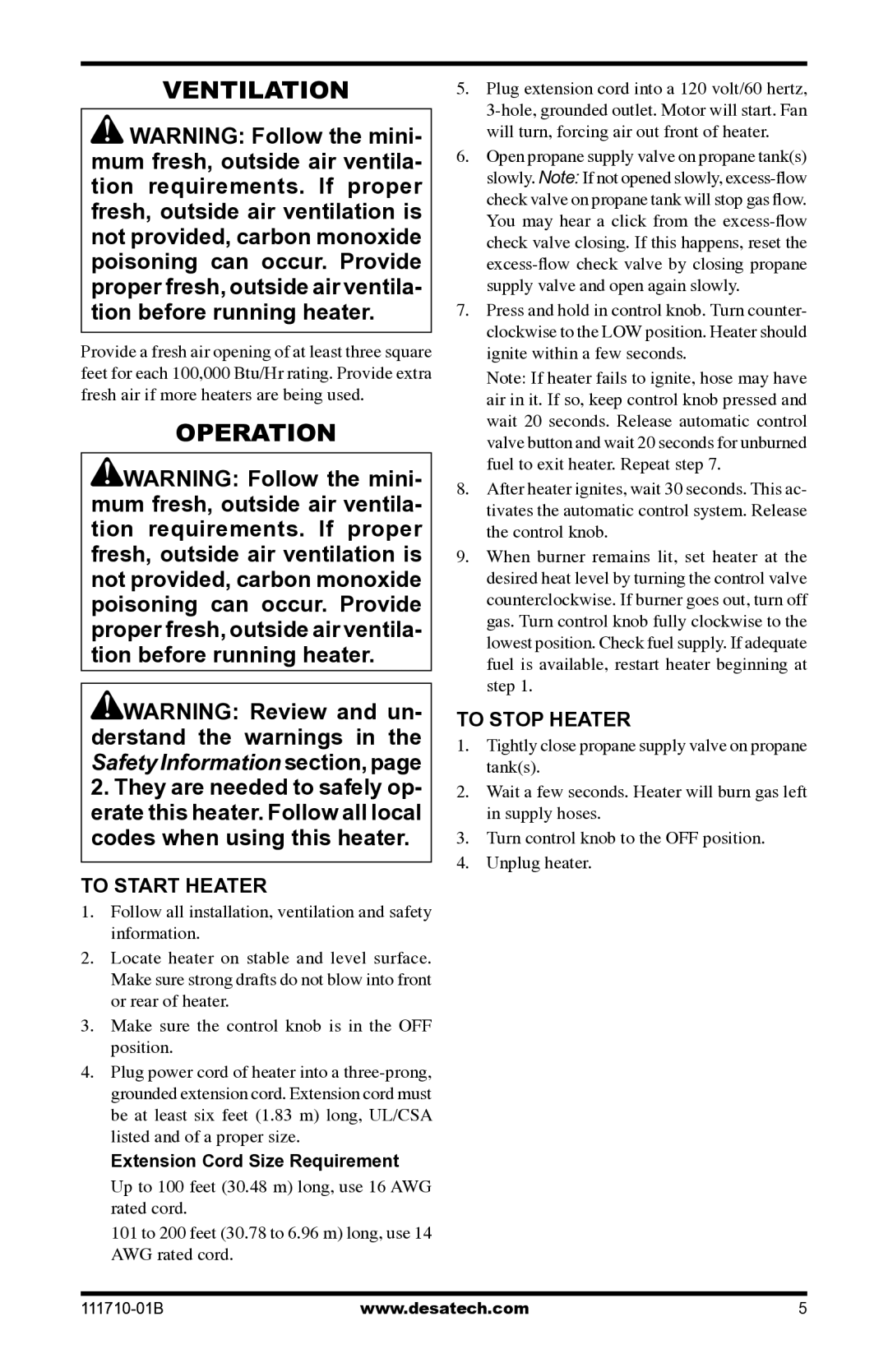 Desa RLP100 owner manual Ventilation, Operation, To Start Heater, To Stop Heater 