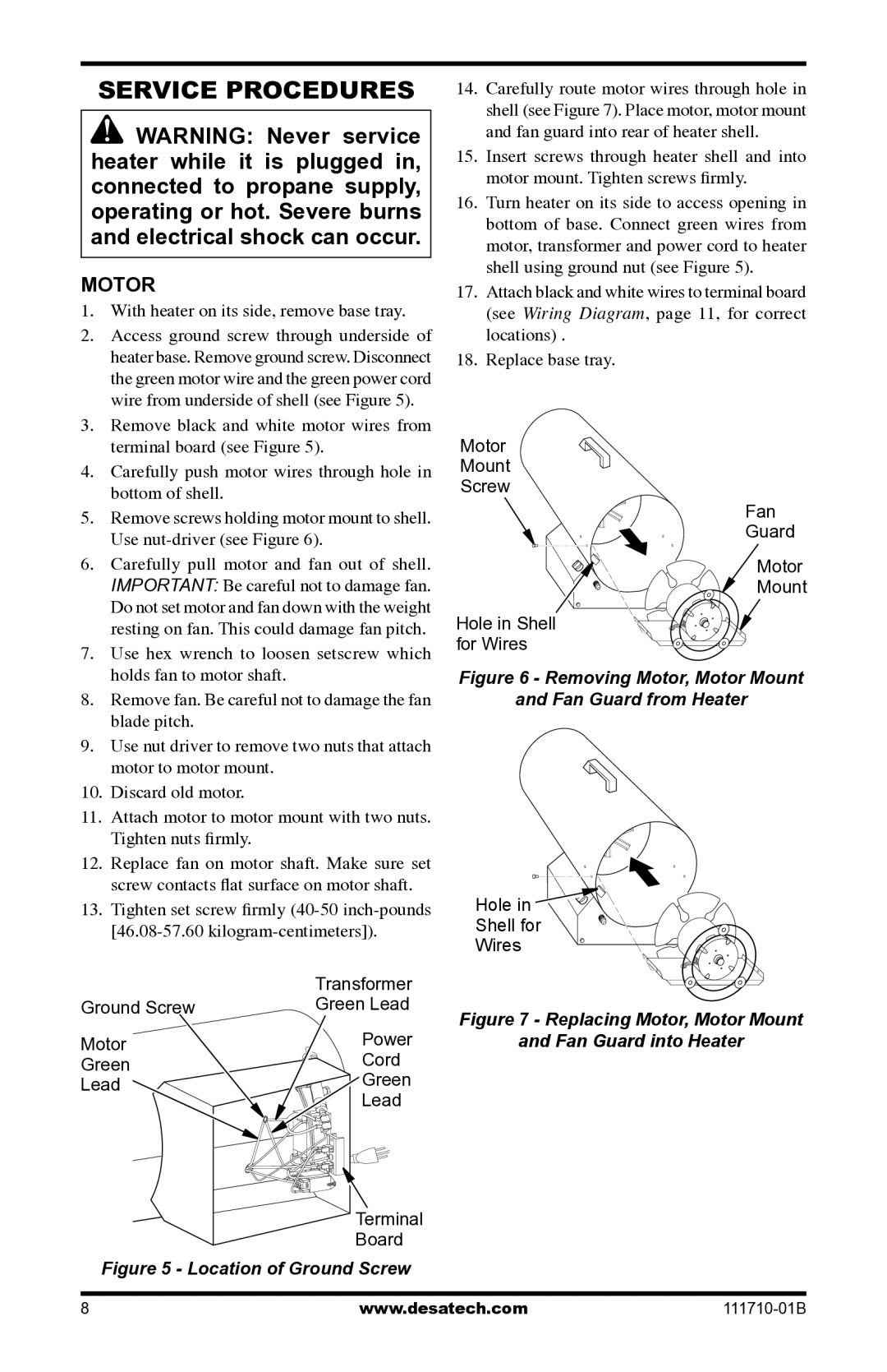 Desa RLP100 owner manual Service Procedures, Motor, With heater on its side, remove base tray 