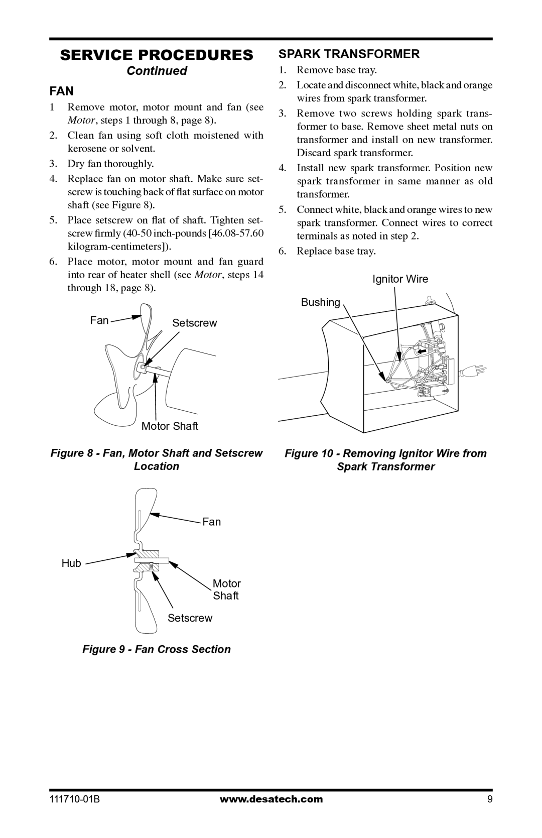 Desa RLP100 owner manual Fan, Spark Transformer 