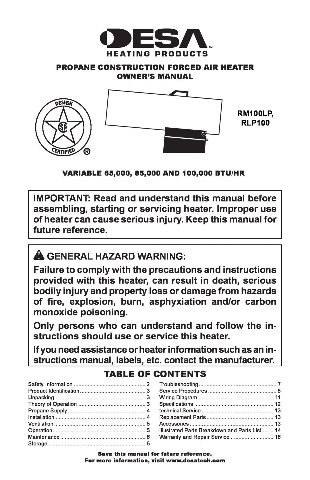 Desa RLP100 owner manual General Hazard Warning 