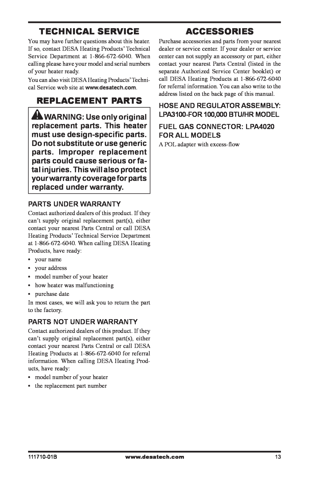 Desa RLP100 owner manual Technical Service, Replacement Parts, Accessories, Parts Under Warranty, Parts Not Under Warranty 