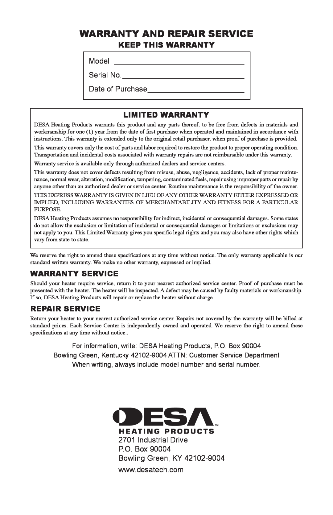 Desa RLP100 Warranty And Repair Service, Keep This Warranty, Model, Serial No, Date of Purchase, Limited Warranty 