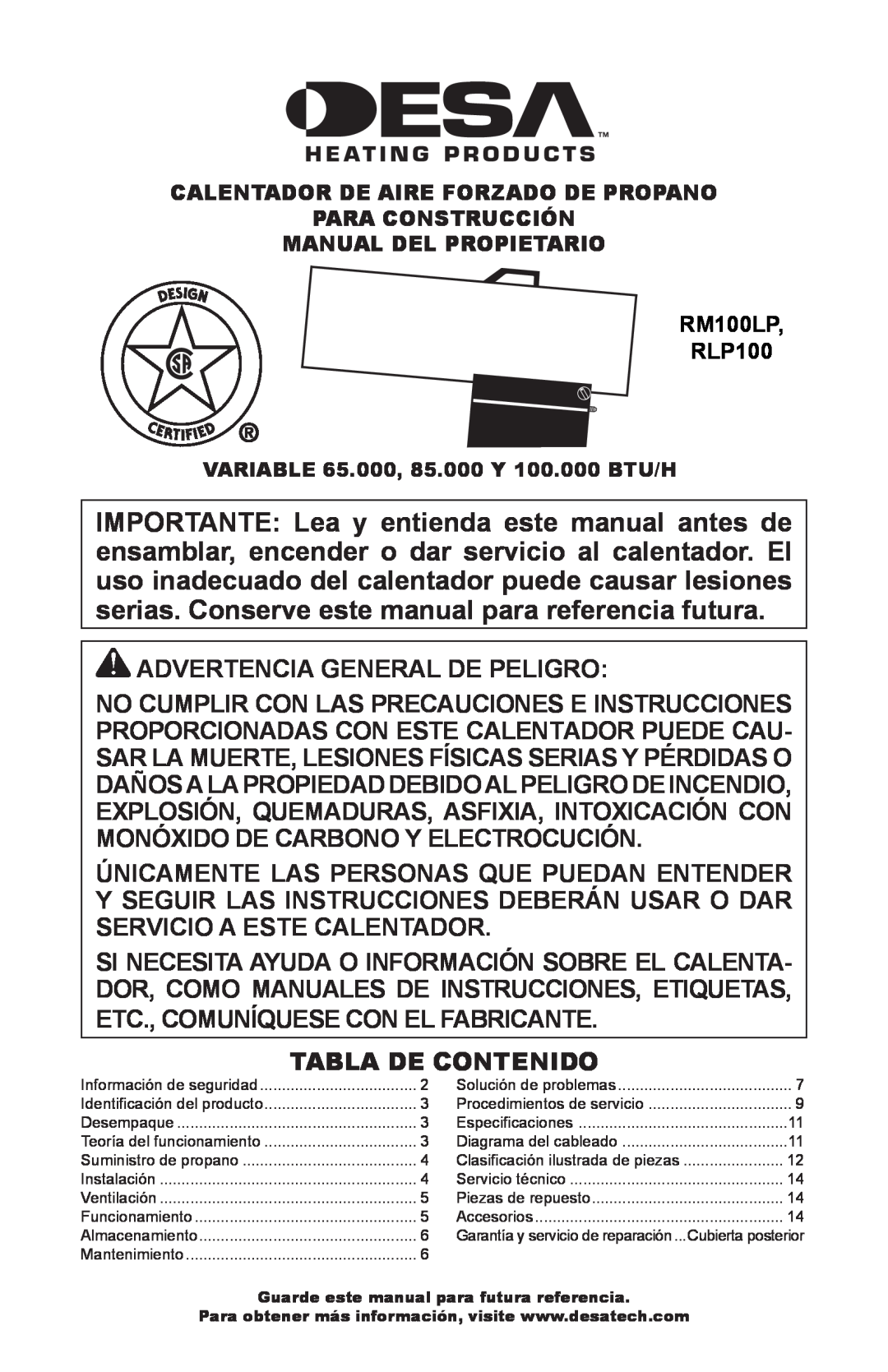 Desa RLP100 owner manual Advertencia General De Peligro, Etc., Comuníquese Con El Fabricante, Tabla De Contenido 