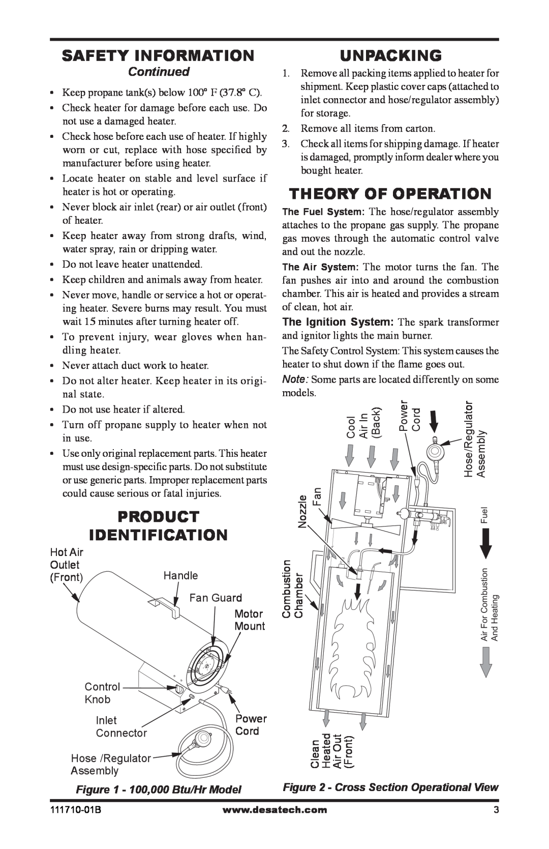 Desa RLP100 owner manual Safety Information, Product Identification, Unpacking, Continued, 100,000 Btu/Hr Model 
