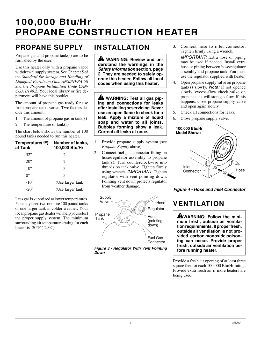 Desa RM100LP owner manual Propane Supply, Installation, Ventilation 