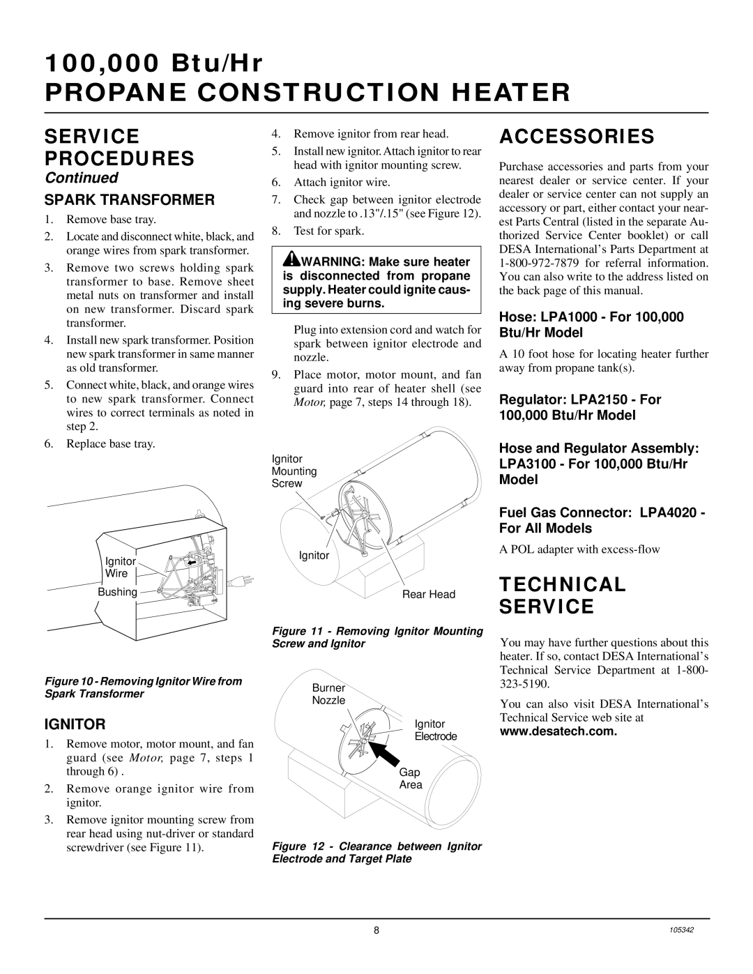 Desa RM100LP owner manual Accessories, Technical Service, Spark Transformer, Ignitor 