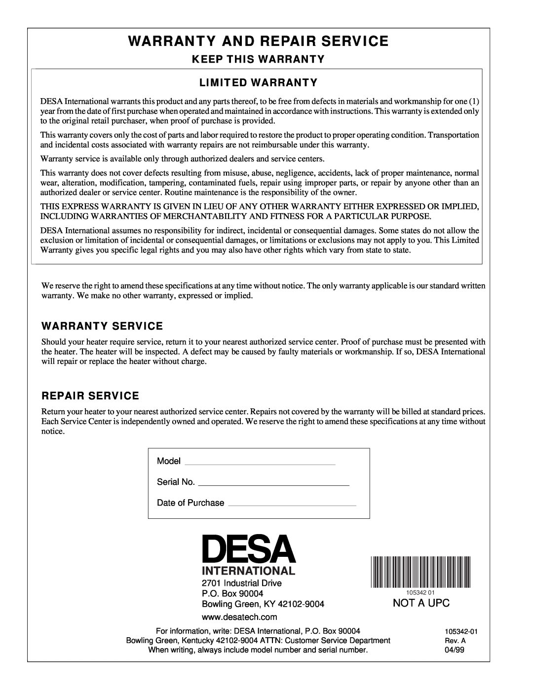 Desa RM100LP owner manual Warranty And Repair Service, International, Not A Upc 