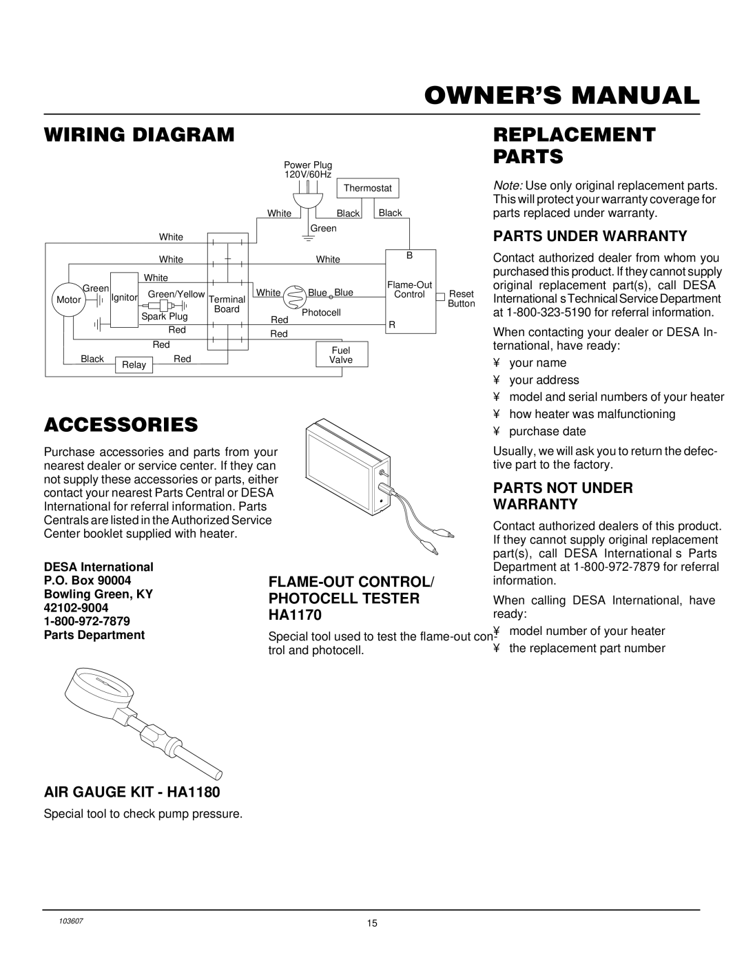 Desa RM200T owner manual Wiring Diagram, Accessories Replacement Parts 