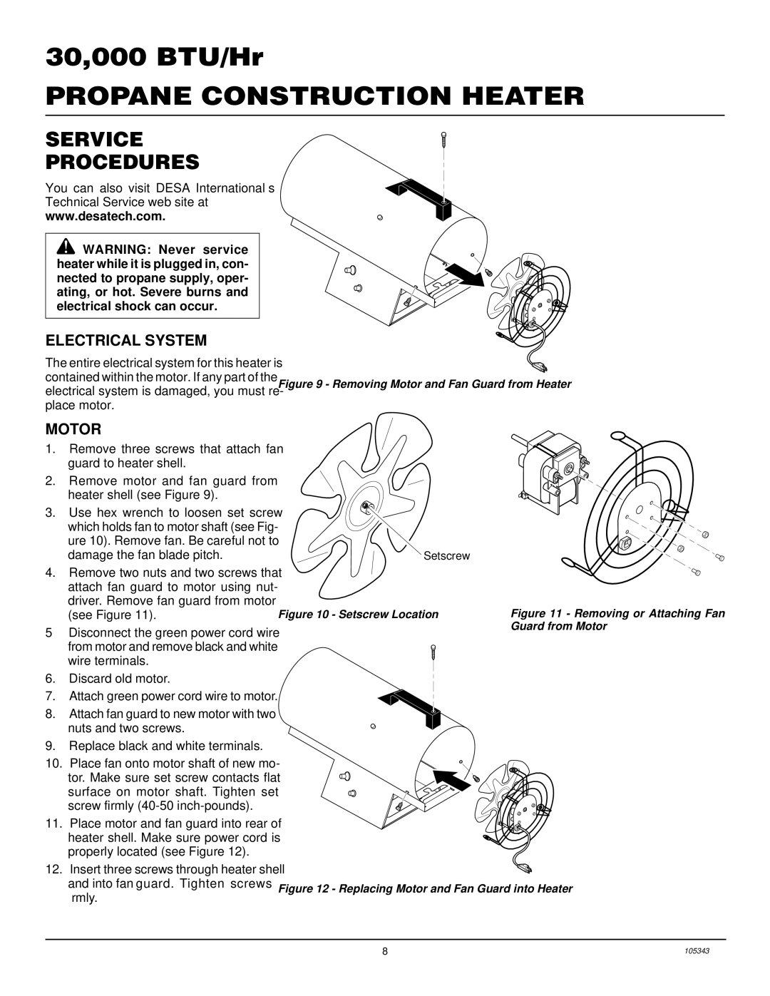 Desa RM30LP owner manual Service Procedures, Electrical System, Motor 