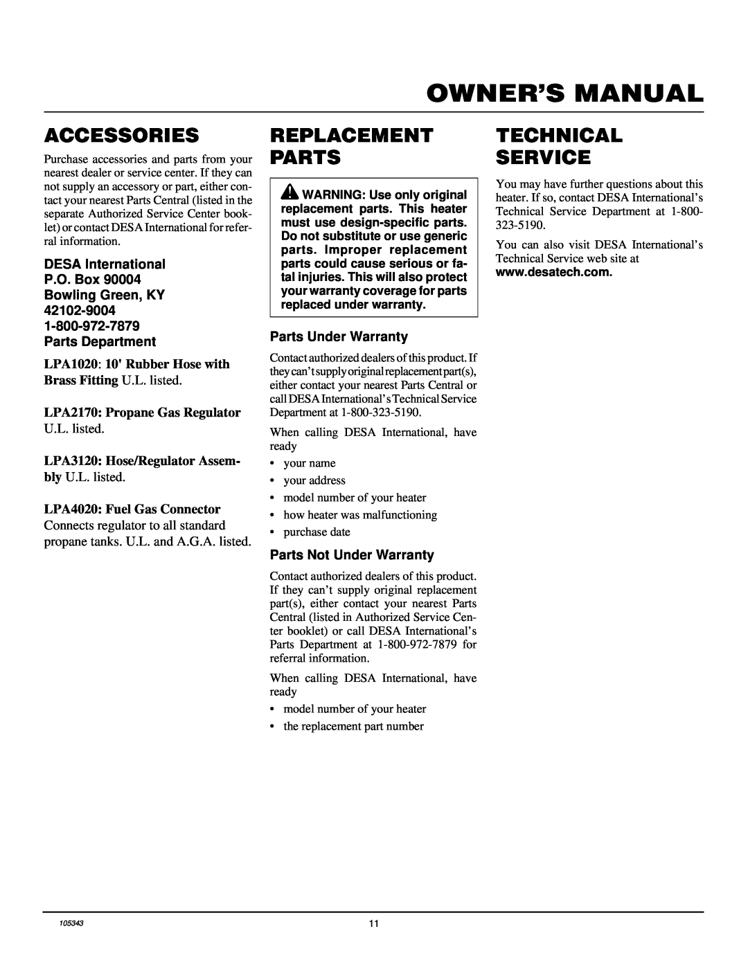 Desa RM30LP owner manual Accessories, Replacement Parts, Technical Service, LPA2170 Propane Gas Regulator, U.L. listed 