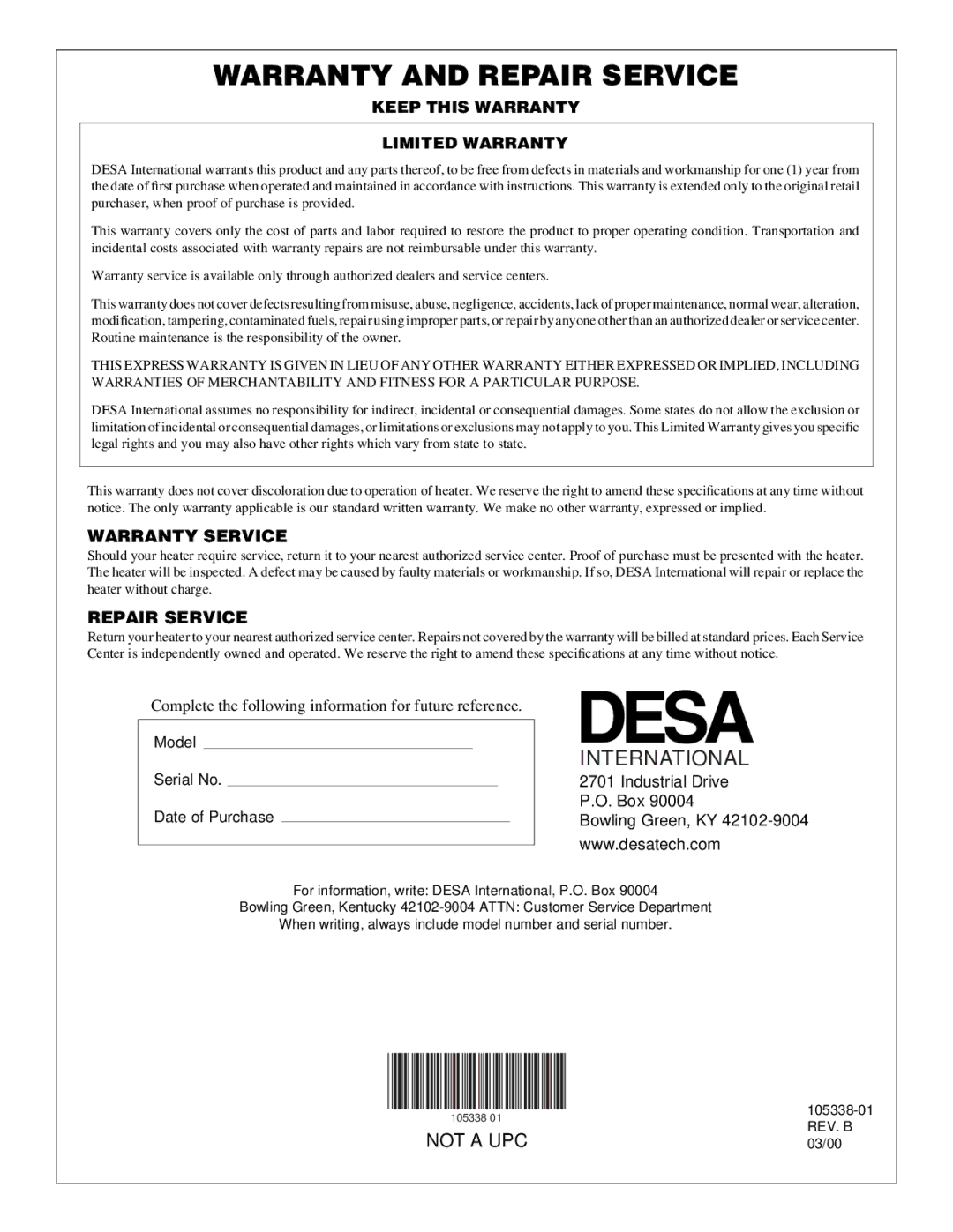 Desa RM50PVA owner manual Warranty and Repair Service 