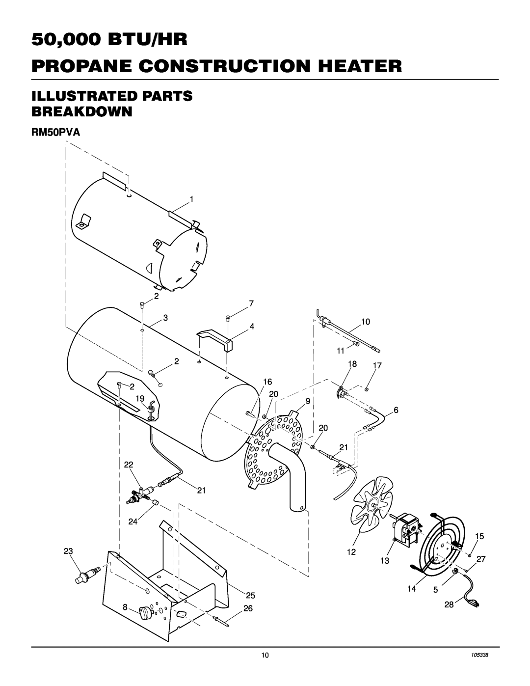 Desa RM50PVA owner manual Illustrated Parts Breakdown, 50,000 BTU/HR PROPANE CONSTRUCTION HEATER 