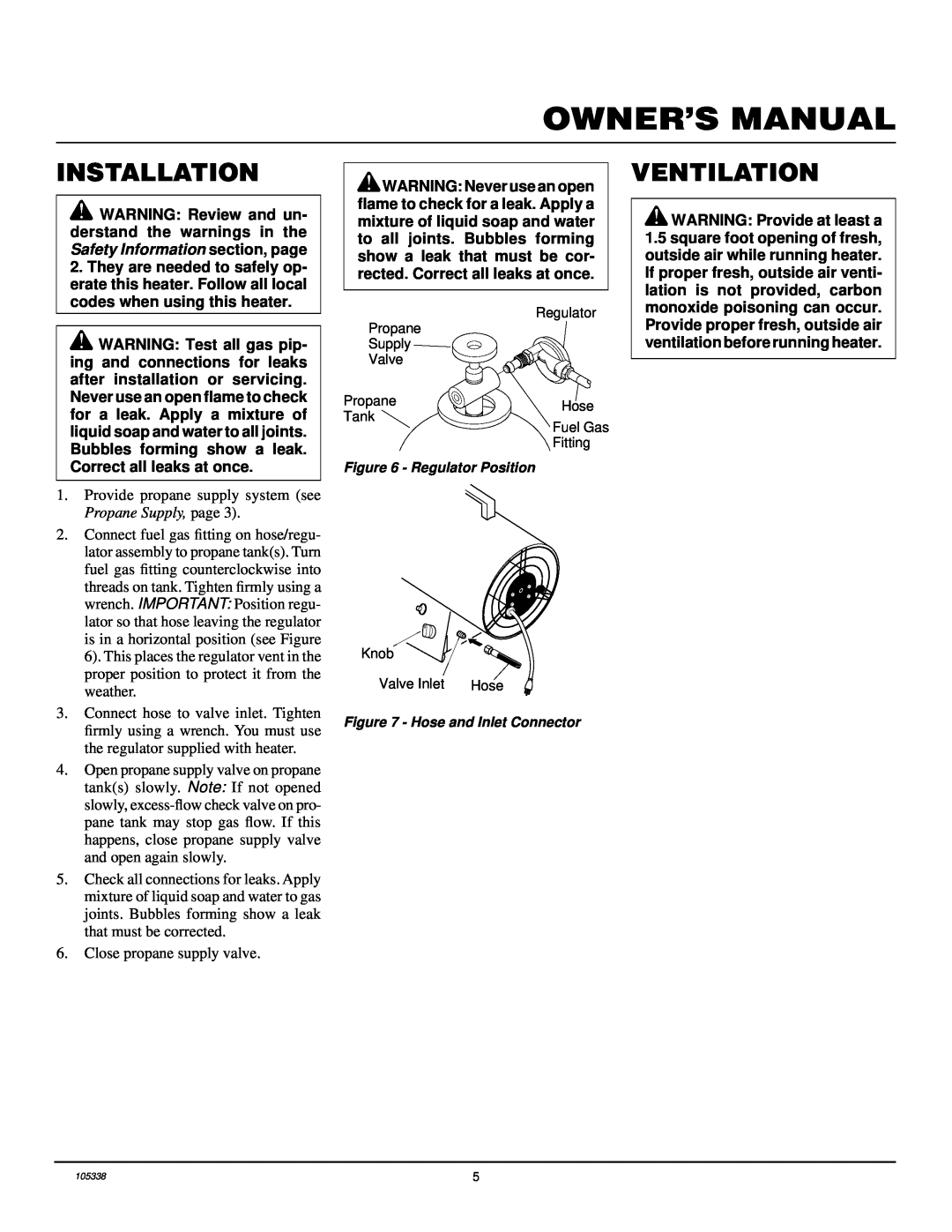 Desa RM50PVA owner manual Installation, Ventilation, WARNING Provide at least a 
