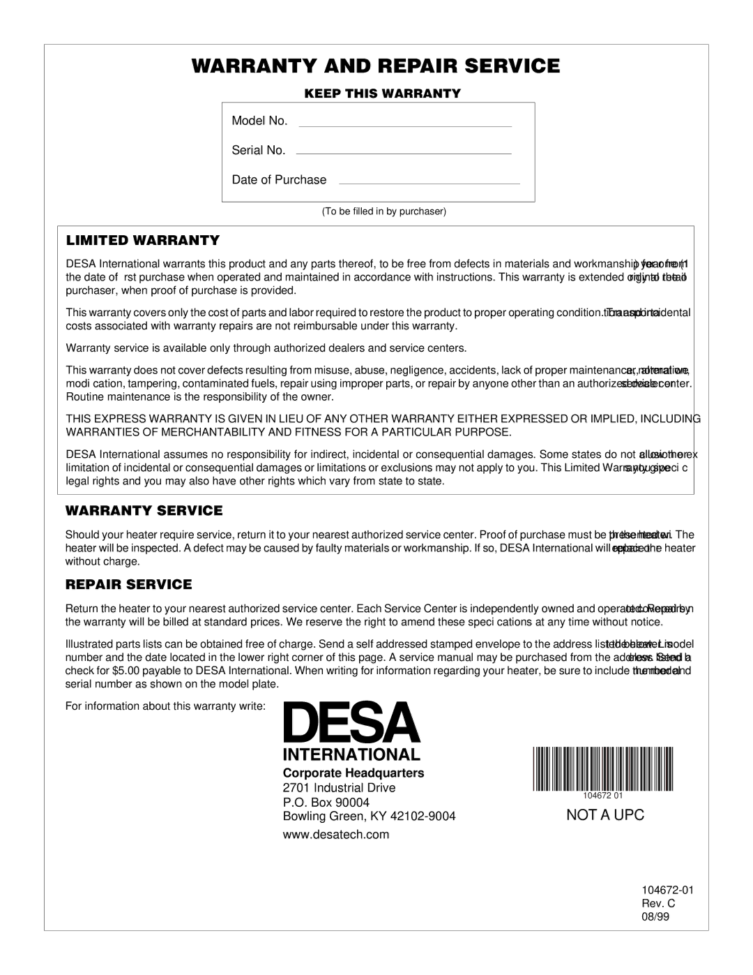 Desa RM60 owner manual Warranty and Repair Service, Limited Warranty 