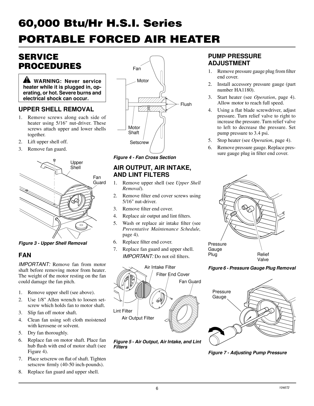 Desa RM60 Service Procedures, Upper Shell Removal, Fan, AIR OUTPUT, AIR INTAKE, and Lint Filters, Pump Pressure Adjustment 