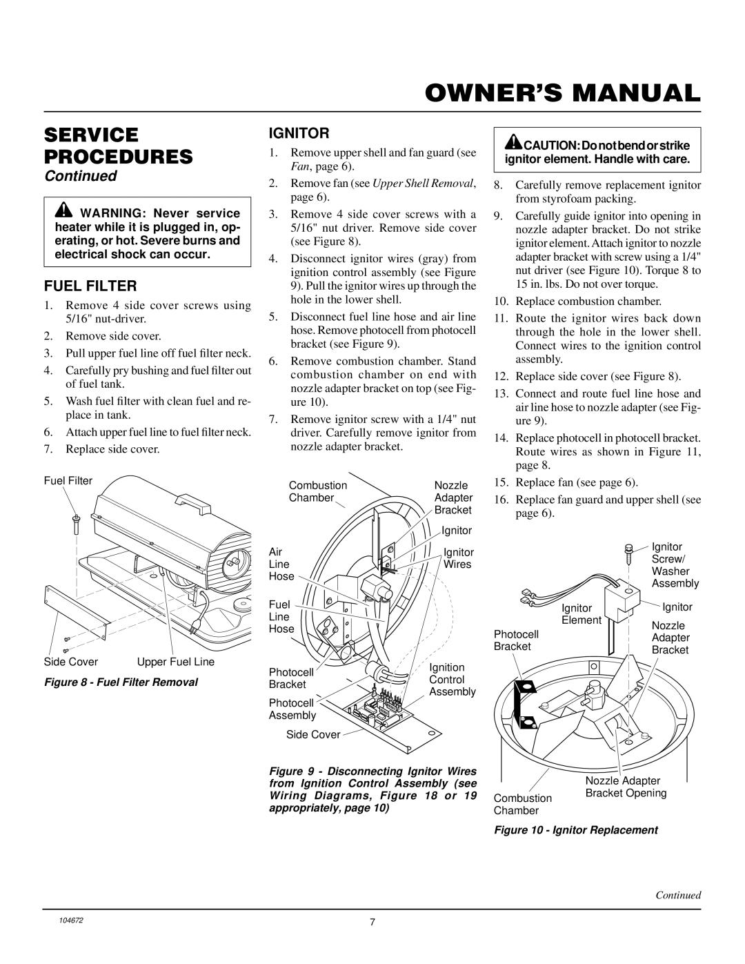 Desa RM60 owner manual Fuel Filter, Ignitor, Carefully remove replacement ignitor from styrofoam packing 