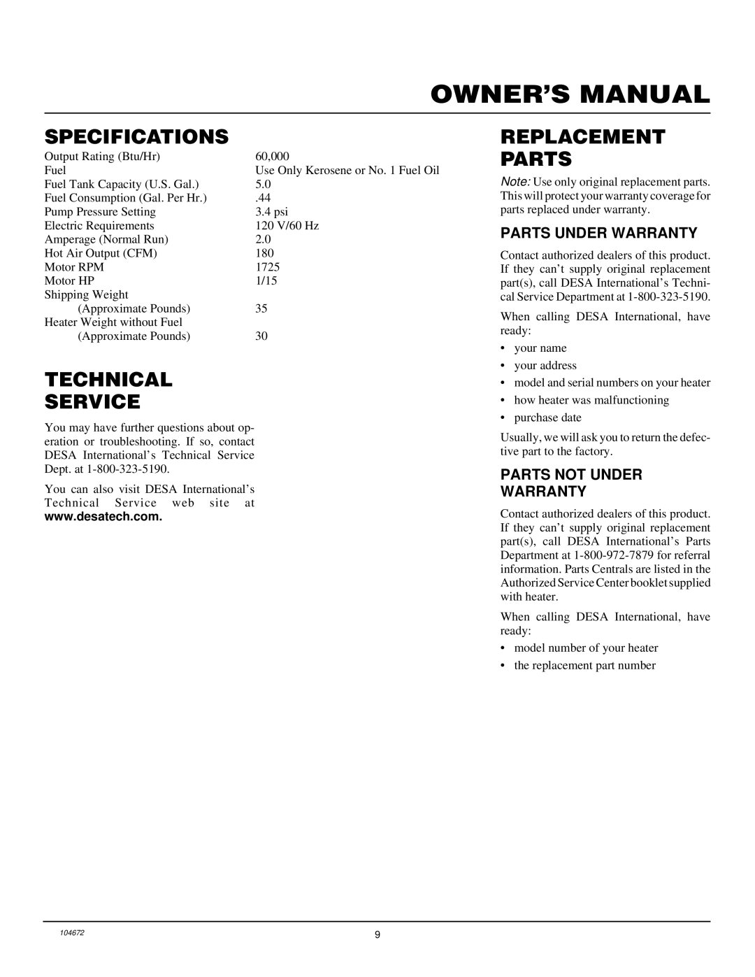 Desa RM60 owner manual Specifications, Technical Service, Replacement Parts, Parts Under Warranty, Parts not Under Warranty 