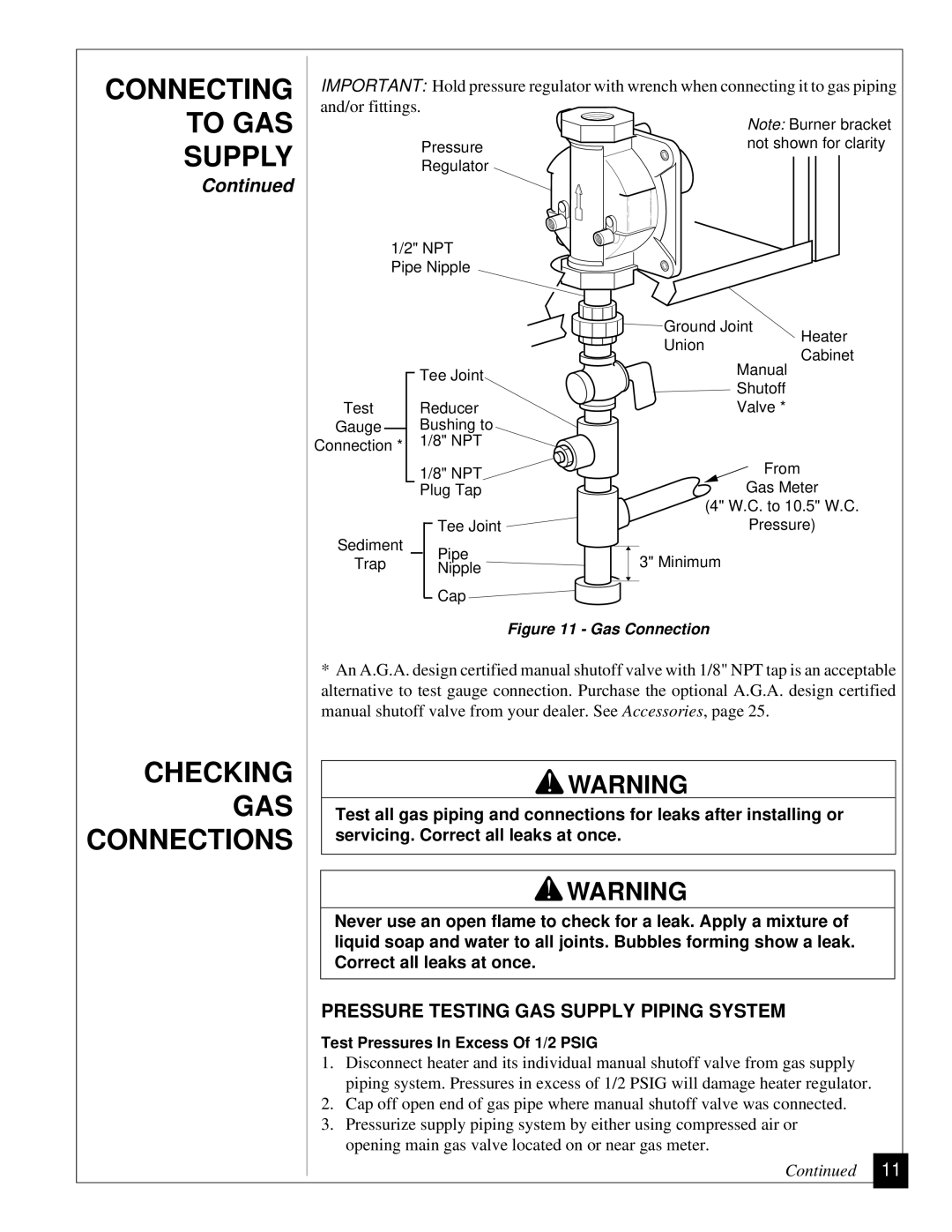 Desa RN30BT Connecting, To GAS Supply, Checking GAS Connections, Pressure Testing GAS Supply Piping System 